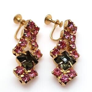 Vintage Pink Gray Rhinestone Dangle Earrings, Screw-Backs, 1950s, 1 1/2 Inches